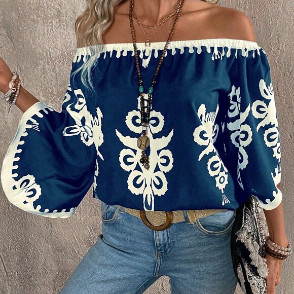 Navy Blue Boho Women's Off-Shoulder Printed Shirt - Picture 5 of 5